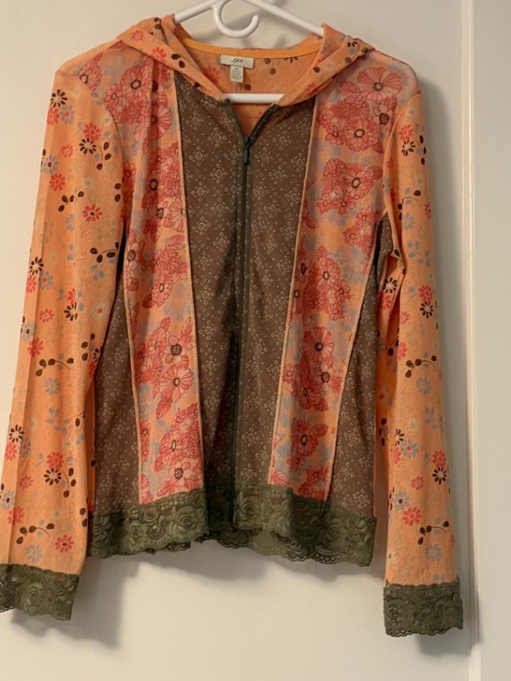 J Jill mesh patchwork zip up hooded cardigan jacket sheer lace detail Y2K twee